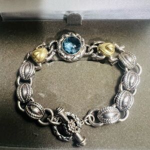Silver and 2 frogs 18k Gold Bracelet with Blue Topaz Gems